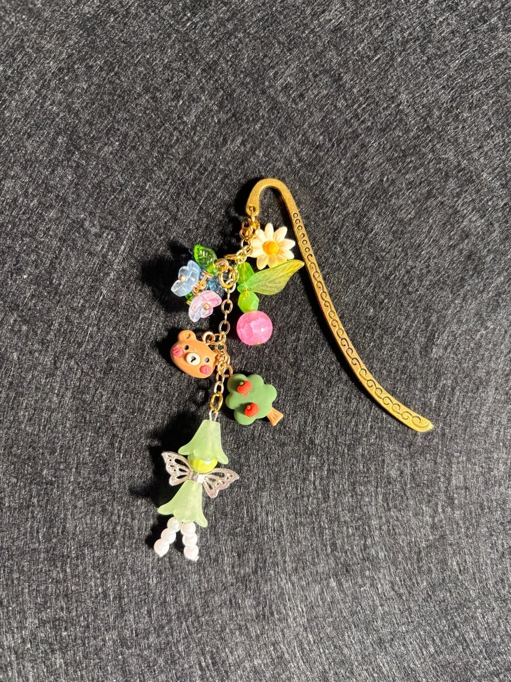 Gold Floral & Fairy Charm Bookmark with Pastel Charms